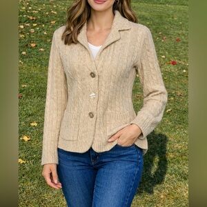 C by Bloomingdale 💯 Cashmere Beige Collar/Pockets Cardigan Women’s Size Large